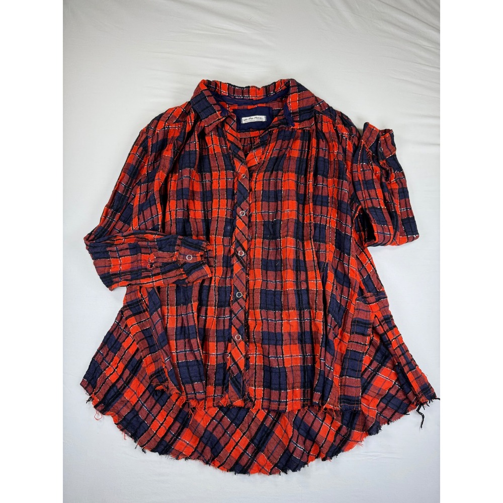Free People Plaid‎ Metallic Button Down Tunic Shirt Red Navy XS OVERSIZED